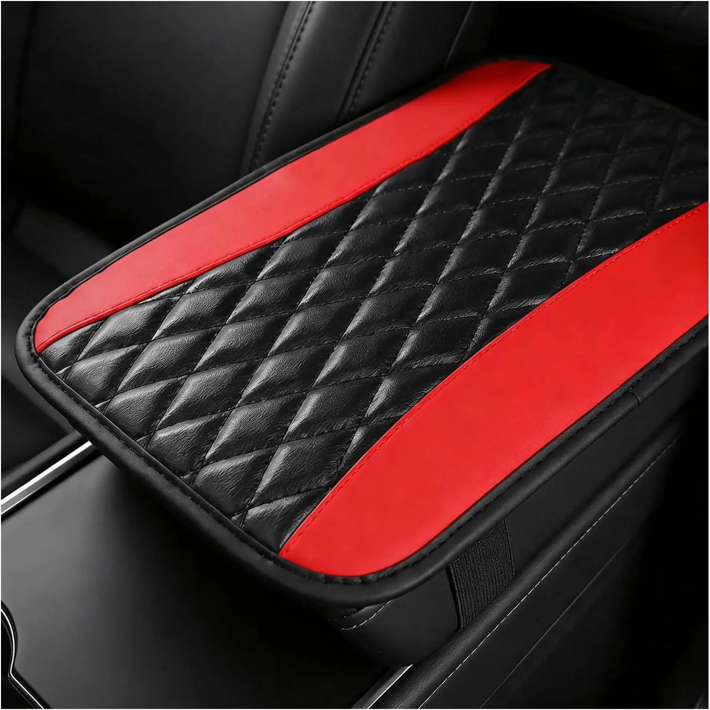 Center Console Cover, Comfortable Leather Armrest Seat Box Protective Cover Cushion Pad,  Middle Console Protector Soft Interior Decoration for   SUVs (Red)
