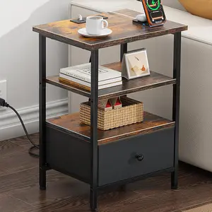 Side Table with Charging Station, Nightstand with Adjustable Fabric Drawer, Bedside Table for Bedrooms, Living Rooms & Home Decor (Brown Black)