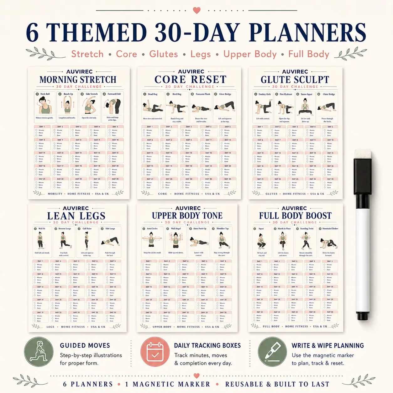 Auvirec 6-Piece Reusable Fitness Planner Set, 30-Day Workout Tracker, Magnetic Erasable Pen, Home Office Gym Use
