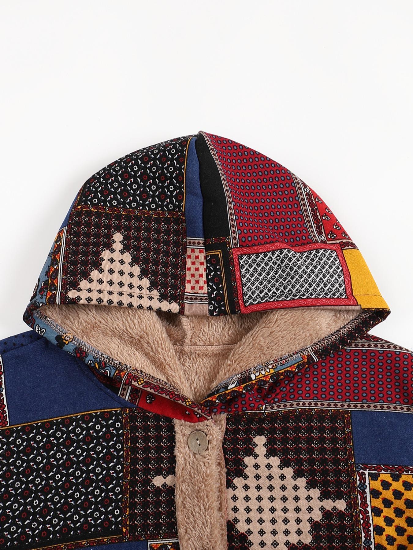 Women's Patchwork Ethnic Pattern Button Front Hooded Coat, Casual Long Sleeve Pocket Outerwear for Fall & Winter, Coats for Women, Ladies Clothes for Daily Wear