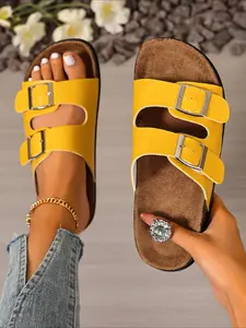 Single strap buckle birken slides, cushioned cork footbed, multi-color options. Lightweight casual summer slippers, comfy for daily outdoor and home wear.