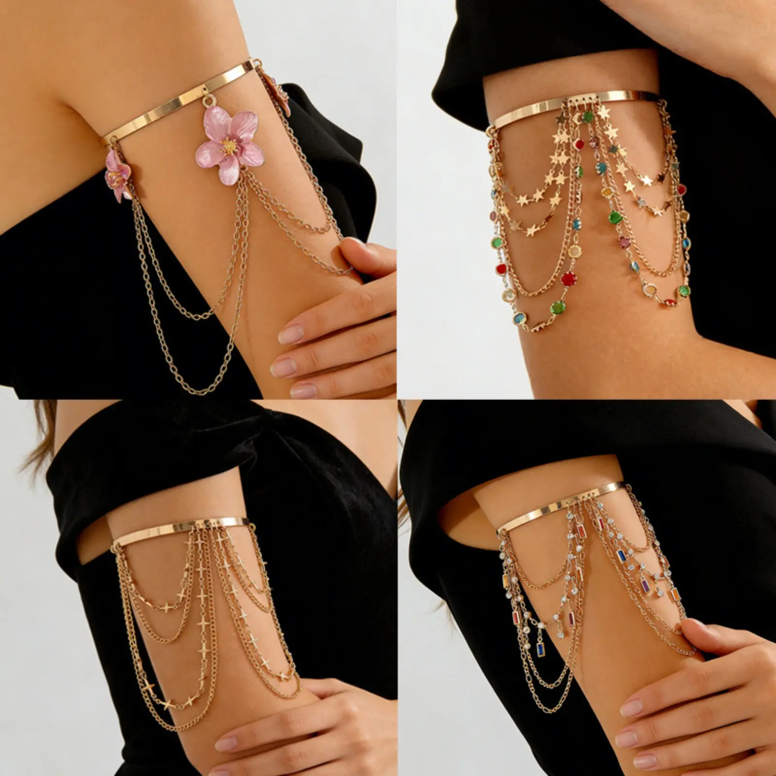 Punk Adjustable Metal Arm Cuff Bracelet With Tassel Chain, Open Bangle Armband, Trendy Beach Vacation Layered Body Jewelry For Women Daily Styling