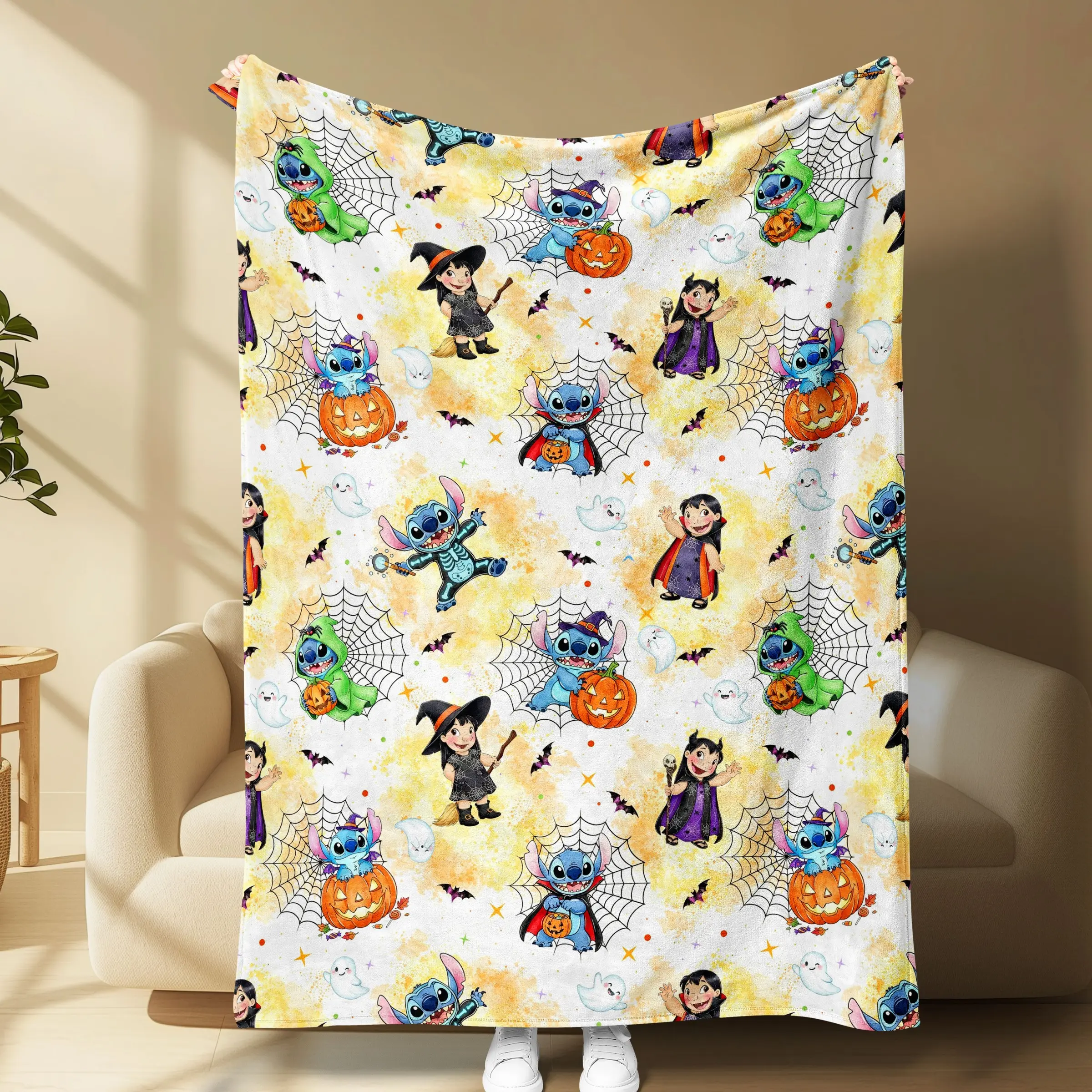 Stitch and Lilo Halloween Flannel Blanket, Cute Pumpkin Witch Ghost Cartoon Throw, Ultra Soft Lightweight Blanket for Couch, Bed, Fall Decor & Fan Gift