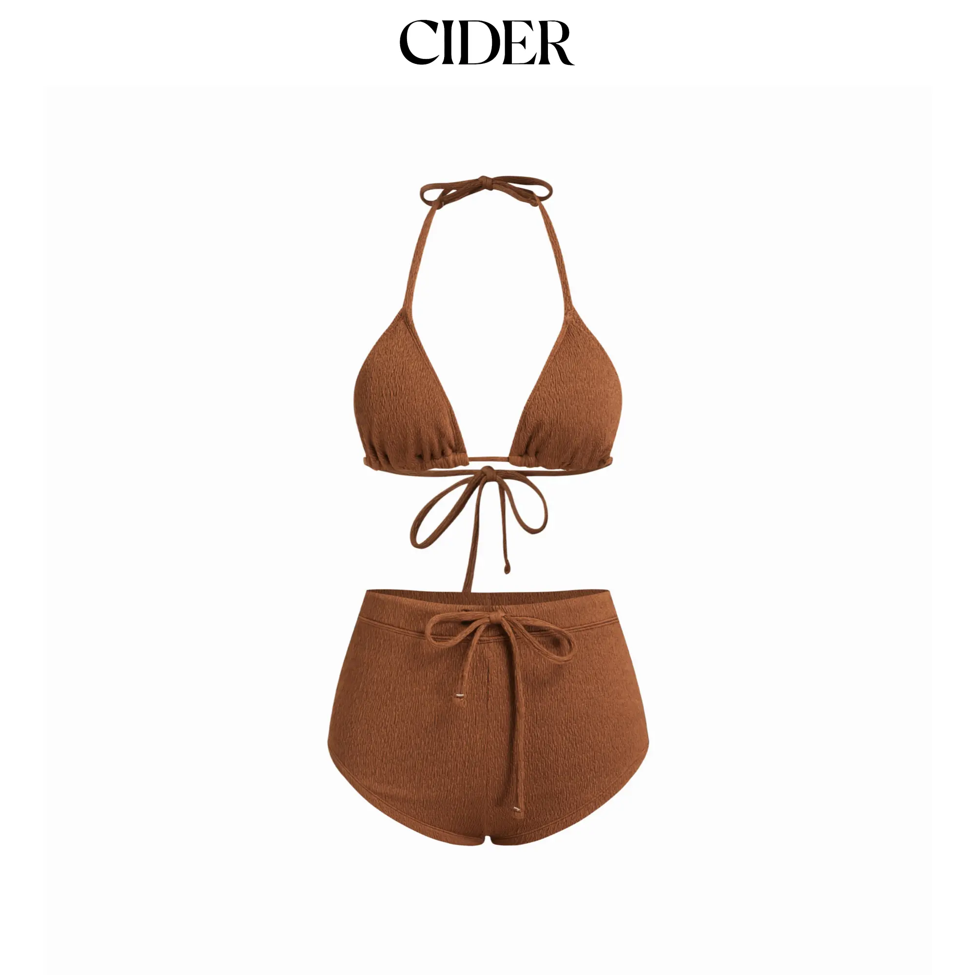 Cider Halter Neckline Texture Drawstring Shorts Bikini Set