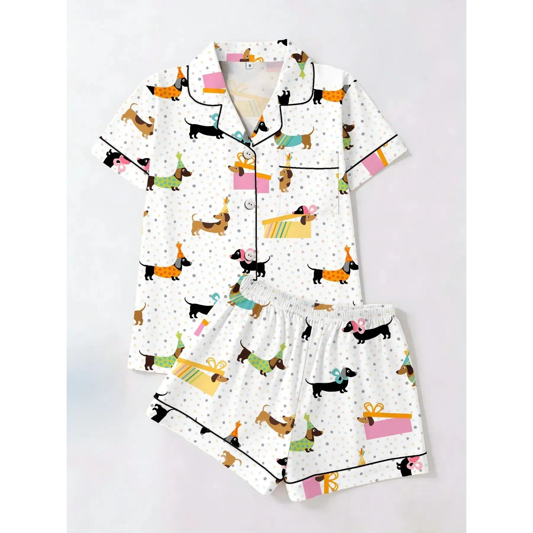 Women's Trendy Colorful Sausage-Dog Print Loungewear Set, Short-Sleeve Top and Shorts Sleepwear Set, Two-Piece Casual Fitted Pajama Suit for All Seasons, Soft Cozy Nightwear, Cute Dachshund Print Matching PJs Gifts