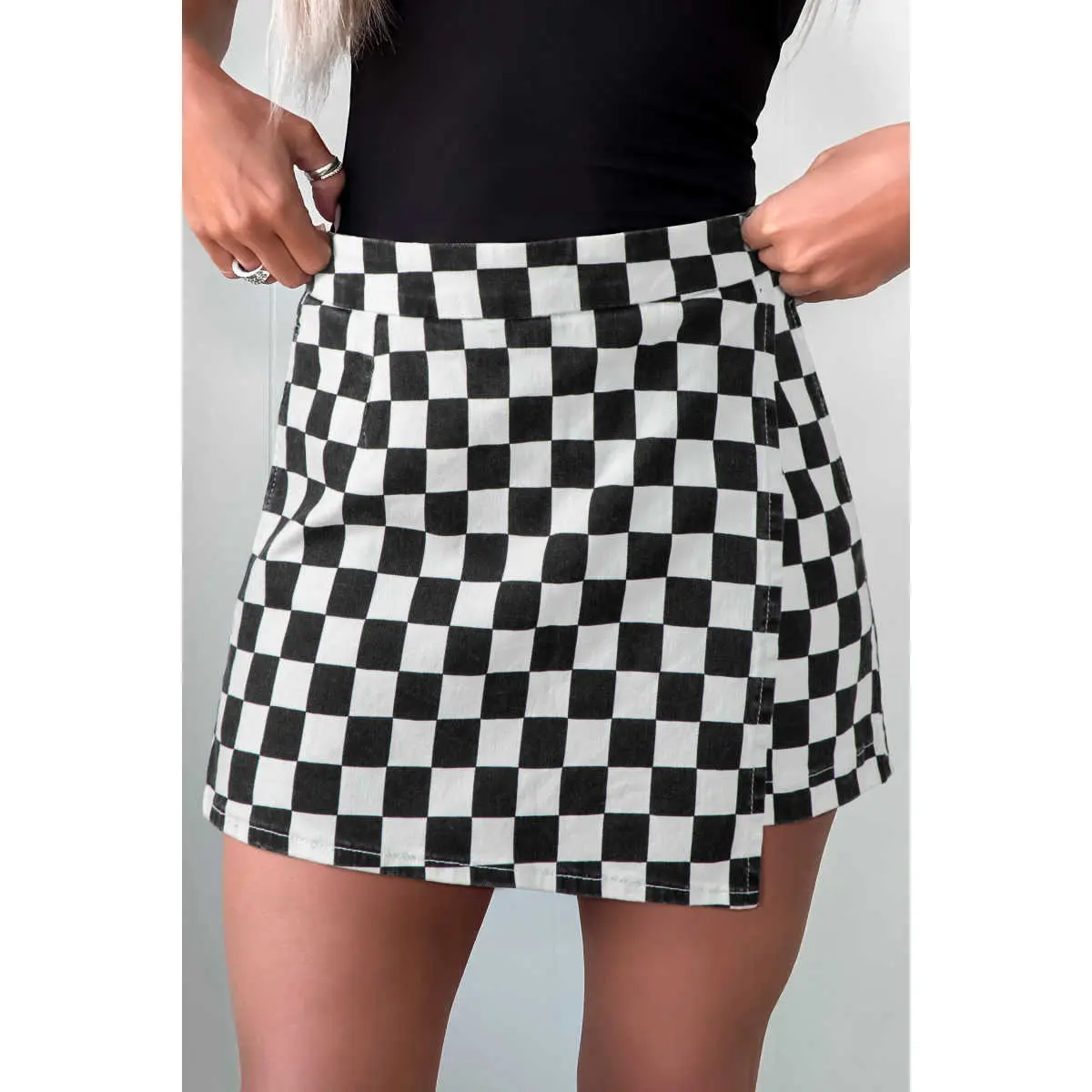Black Checkered Print Overlap Denim Shorts Womenswear Bottom