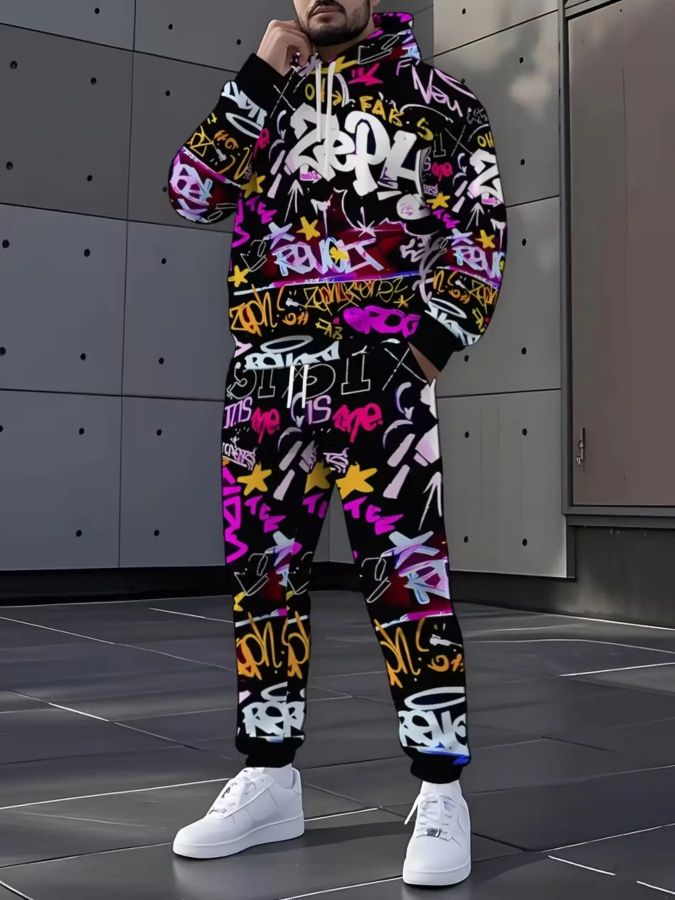 Trendy Graffiti Print Hooded Sweatshirt Set, Unisex Fashion Sport Casual Two-Piece, Teen Street Style Clothing, Athleisure Set