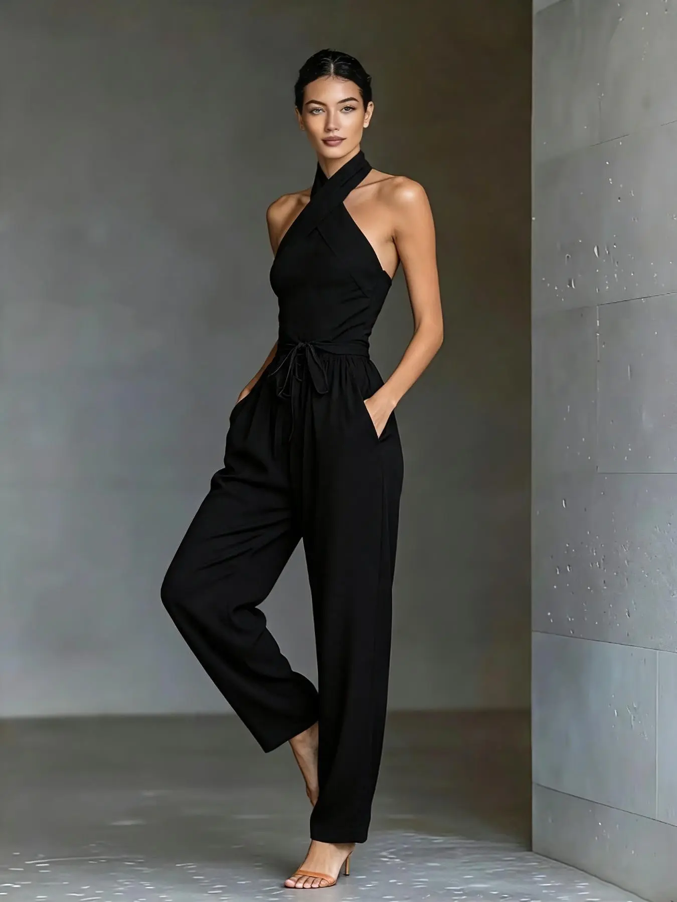 SF0932 Luxurious Sporty Romper, Halter Neck, Tie-Wrap Design, Adjustable Waistband, Hidden Side Pockets, Wide Leg, Perfect for Daily Wear