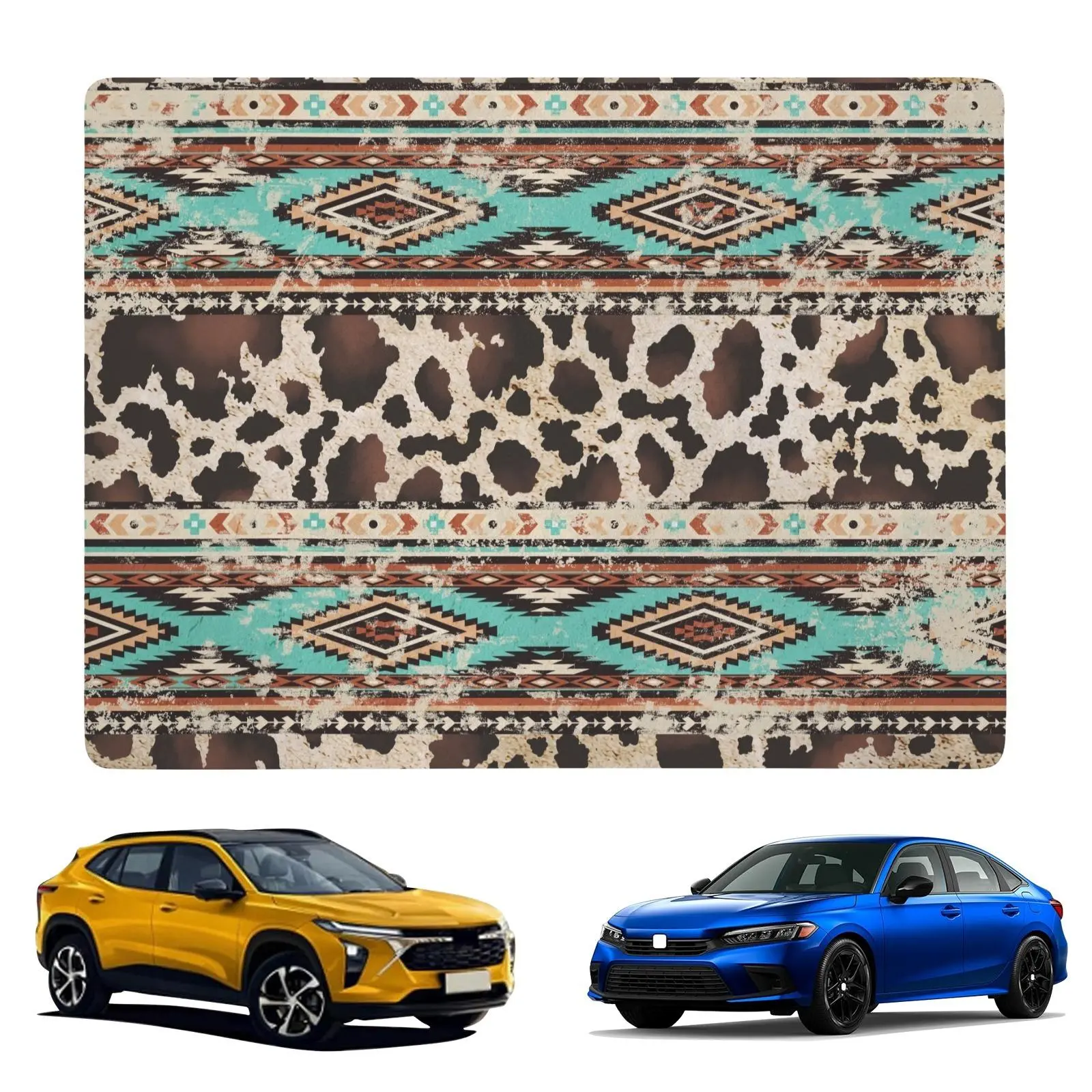 Car Trunk Mat Western Turquoise Aztec Cow Print Car Trunk Liner Rubber Non-woven Fabric Composite Pad Stain Resistant Anti-slip Durable Easy Clean Washable Cover Perfect for Pet Trips Camping Beach Sports Grocery Shopping Family Road Trips