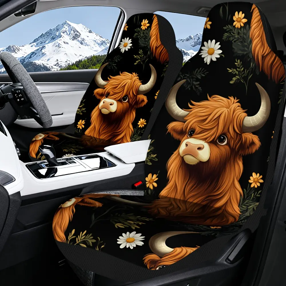 2pcs  Car Seat Covers Set, Highland Cows and Daisies Print, Chic Automotive Seat Covers. Fits Morning Work Drives & Evening Leisure Rides. Secure Fit Prevents Sliding; All-season Use Suits Warm Summers & Crisp Autumns. Fits Most Cars, Enhances Interior
