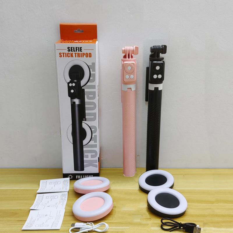 Retractable Phone Tripod with Dual Beauty Fill Lights, Portable Selfie Stick with BT Remote Control for Live Streaming, Phone Accessories, Selfie Stand