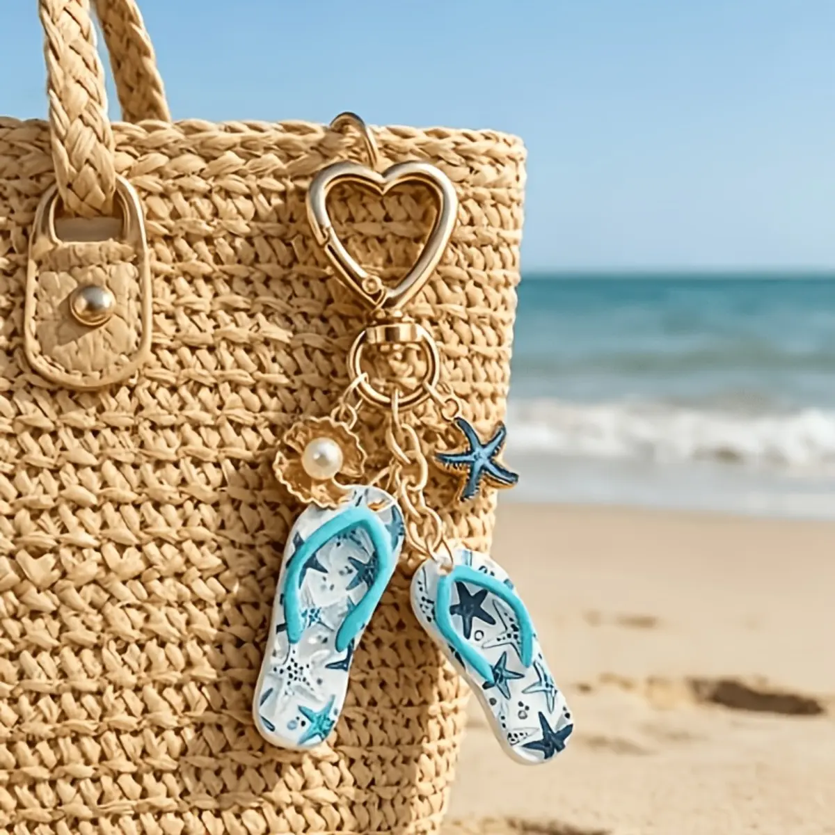 Mini Size Resin Marine Look Beach Flip Flop Keychain - Starfish, Seashell Pendant Shape Bag Charm with Heart Lobster Clasp for Keys, Backpack, Travel Gifts, Heart Clasp, Starfish Shell