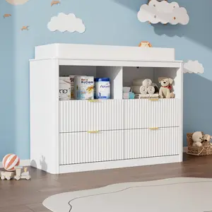 Fluted Changing Table Dresser, 2-in-1 Convertible Baby Changing Station with Capacity Changing Tray, Removable Topper, Nursery Dresser with 4 Drawers & Open Storage, Anti-Tipping Device，White/Natural