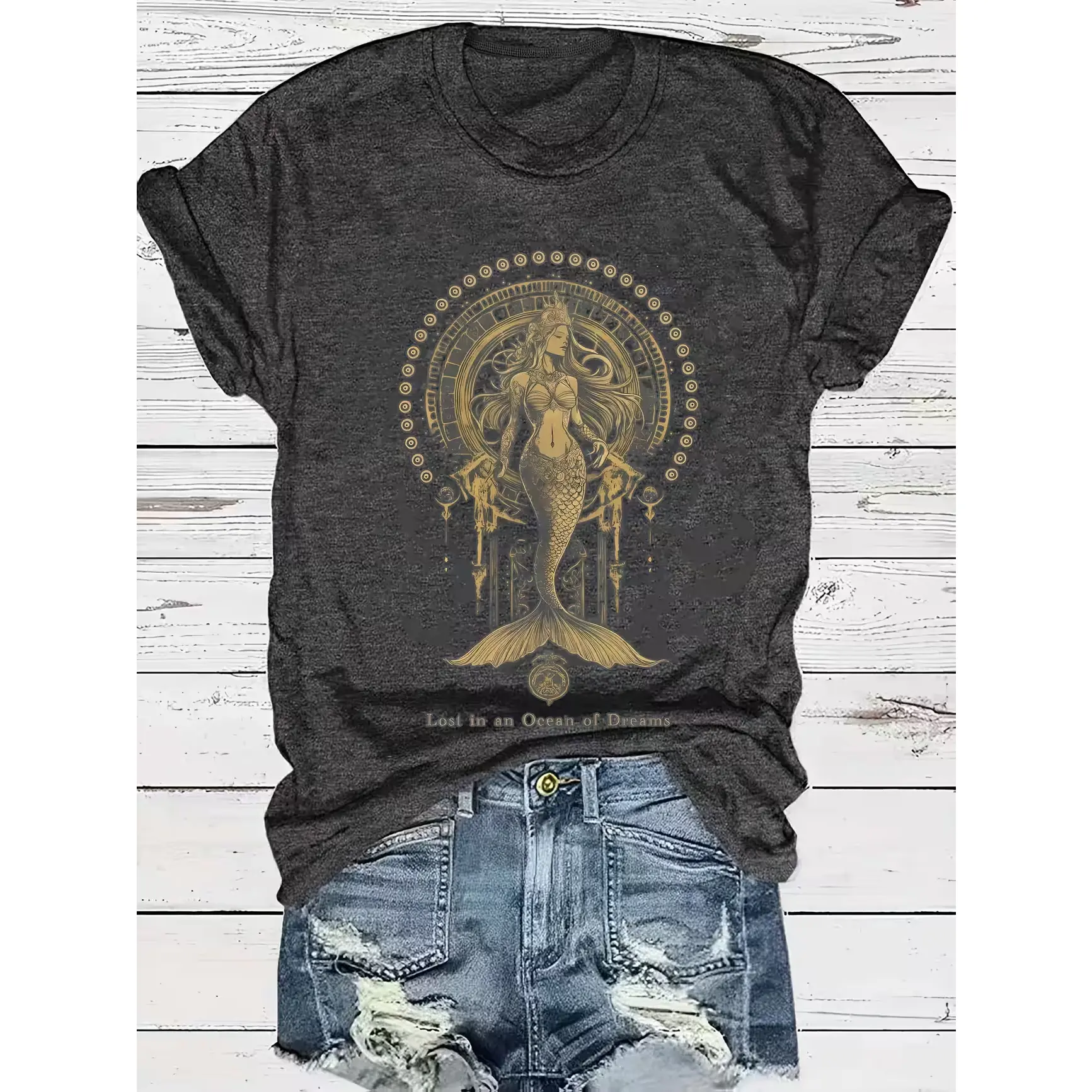 Vintage Golden Mermaid Totem "Lost in an Ocean of Dreams" Graphic Oversized Pure Cotton Dark Grey Women T-Shirt, Cute Comfort Fashion Crew Neck Short Sleeve Outfit, Mystical Ocean Casual Tee, Ideal Valentine Holiday Gift For Mermaid Lovers, Ocean Art Fans