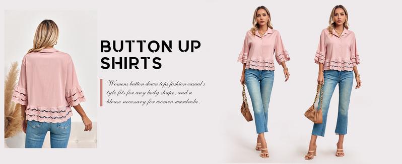 Danedvi Womens Casual Button Up Shirts Trendy Loose Hollow Out Ruffle Hem and 3/4 Sleeve Blouse Tops