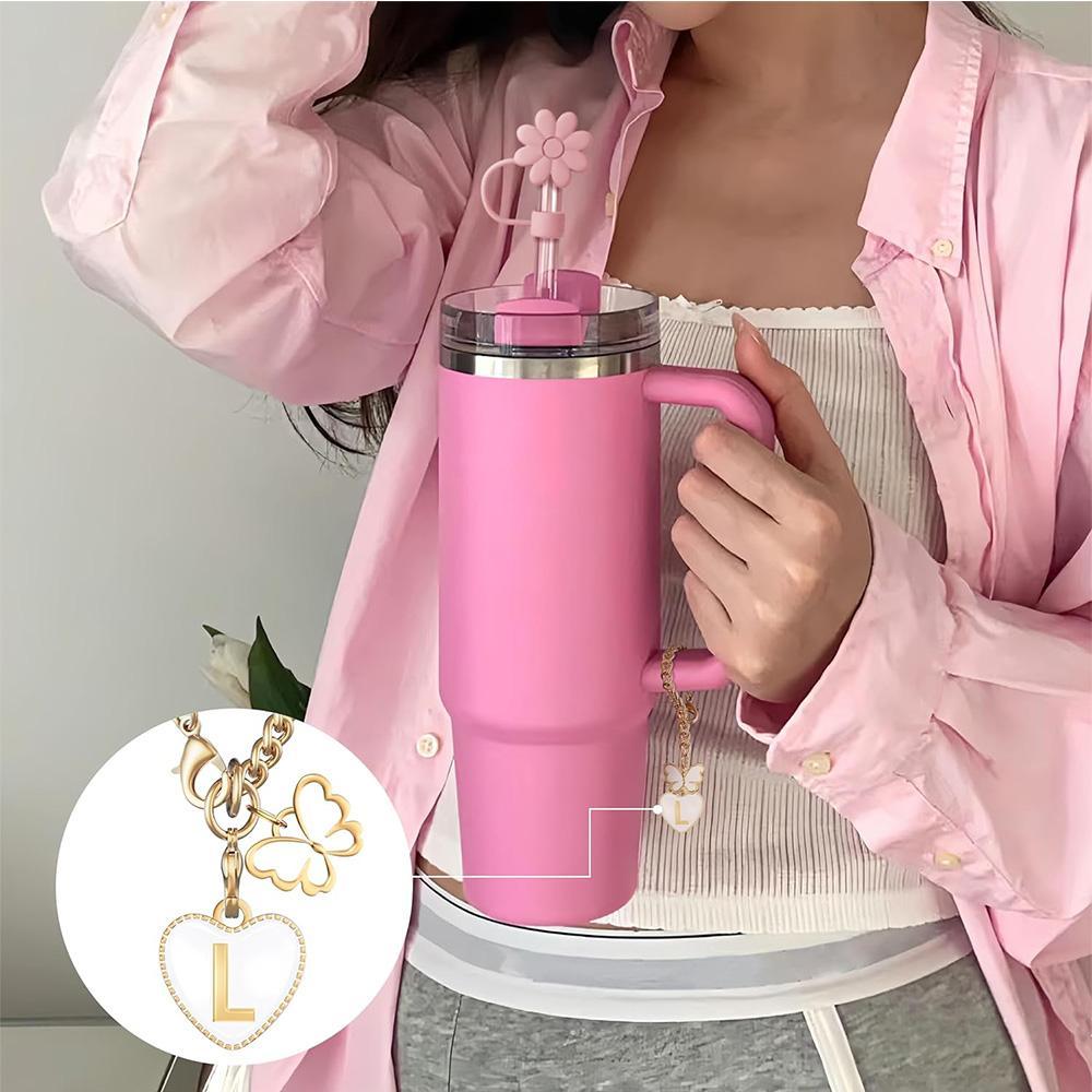 Flower & Letter Design Drinkware Accessories Set, Tumbler Cup, 5 Counts/set Including 3 Counts Silicone Straw Cover & 2 Counts Letter Charm, Drinkware Accessories for Gift