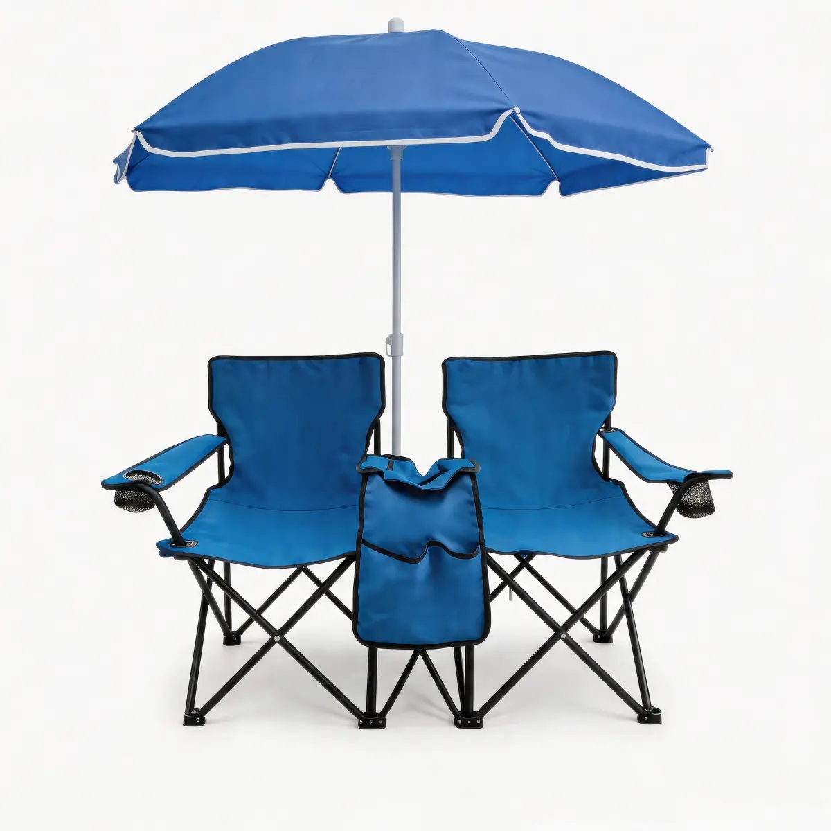 AobtkelPortable Double Folding Beach Chair Set with Umbrella, 2-Person Outdoor Camping Chair with Cup Holders, Foldable Patio Chair for Picnic, Backyard, Travel, Blue