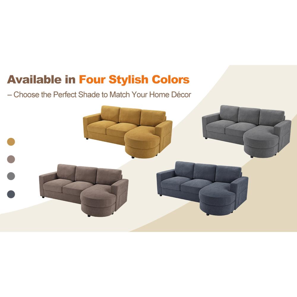 84.6" L-shaped Modern Sectional furniture Sofa Couch with a Curved Chaise Lounge, USB Ports and Side Storage Pockets for Living Room, Brown