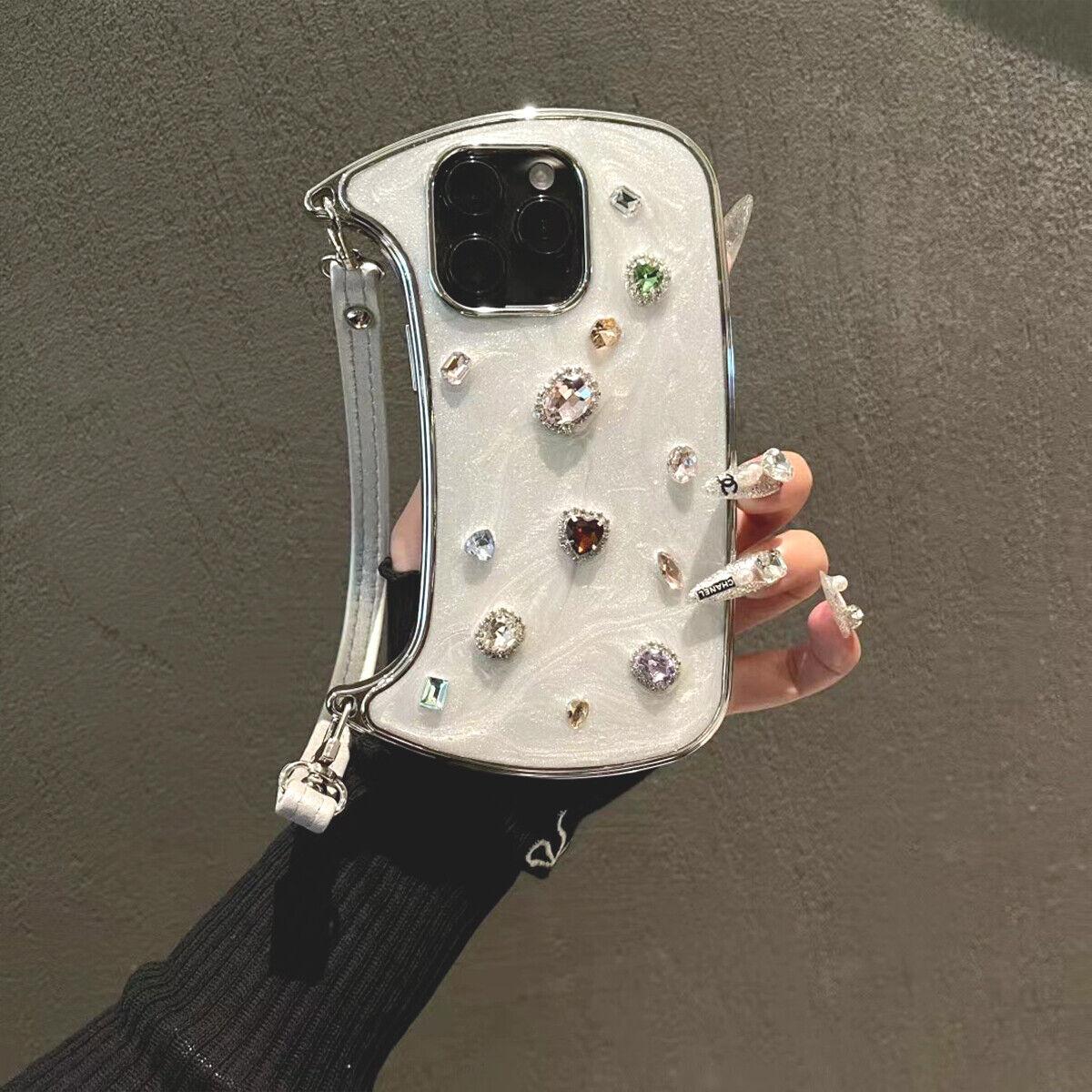 [Free !ship] ( Hand Lanyard ) Glitter Bling Diamond & Heart Sparkle Case for iPhone 17 Pro Max 16 15 14 13 Pro Max for Women Girls Crystal Wristband Bracelet Shockproof Cute Pretty Love Luxurious 3D Rhinestone Decorate Silicone Soft Shell Back Cover