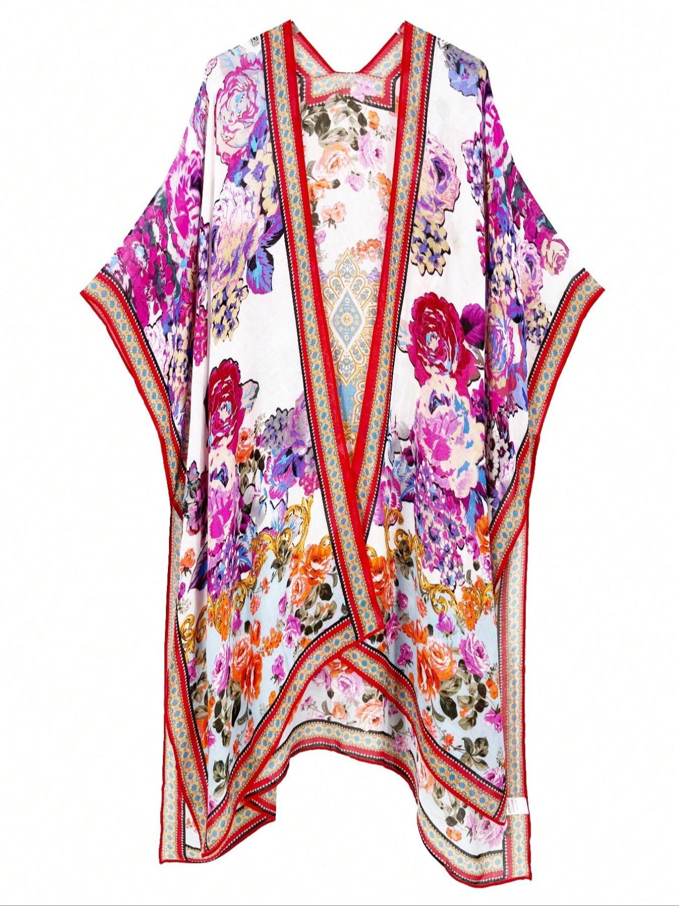 Women's Floral Print Drop Shoulder Cover Up - Casual Long Sleeve Split Hem Open Front, All Seasons Swimwear Coverups for Beach Holiday, Hand Wash Only Sports & Outdoor Swimsuit Accessory