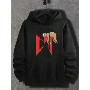 Men's Letter & Sloth  Print Drop Shoulder  Thermal Lined Hoodie, Fashion Casual Regular Fit Drawstring Pocket Hooded Sweatshirt for Daily Holiday Outdoor Wear, Men Clothes for Fall & Winter