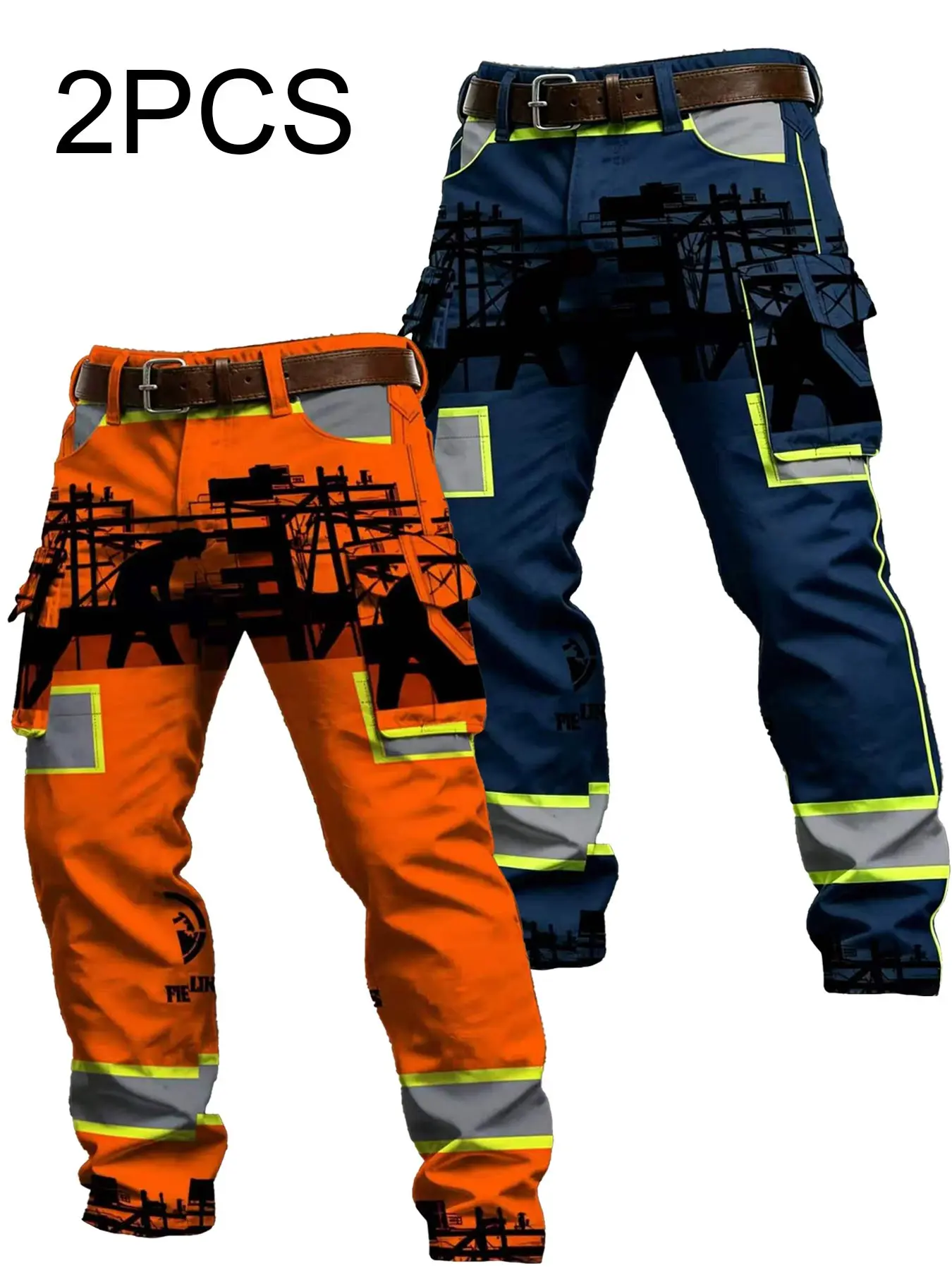 Men's Two-Piece Work Pants Set, High Visibility & Starry Print, Durable Fabric, Multiple Pockets, Straight Leg Loose Fit, Trouser