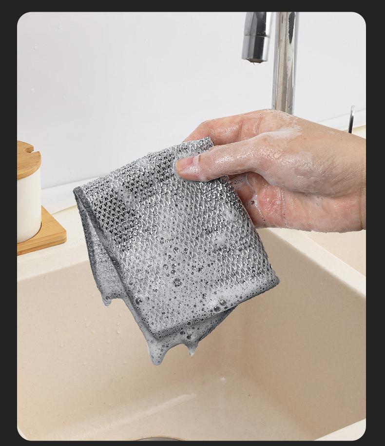 Thickened Dual-Layer Silver Wire Scrubber, Double-Sided Strong Cleaning, Oil-Resistant & Easy to Rinse, Kitchen Dishwashing Cloth