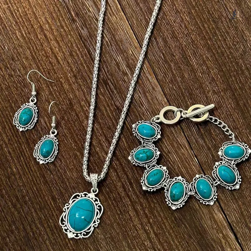 Women's Ethnic Boho Western Jewelry Kit, 3-Piece Vintage Alloy Set with Turquoise Stone Beaded Necklace, Earrings & Bracelet