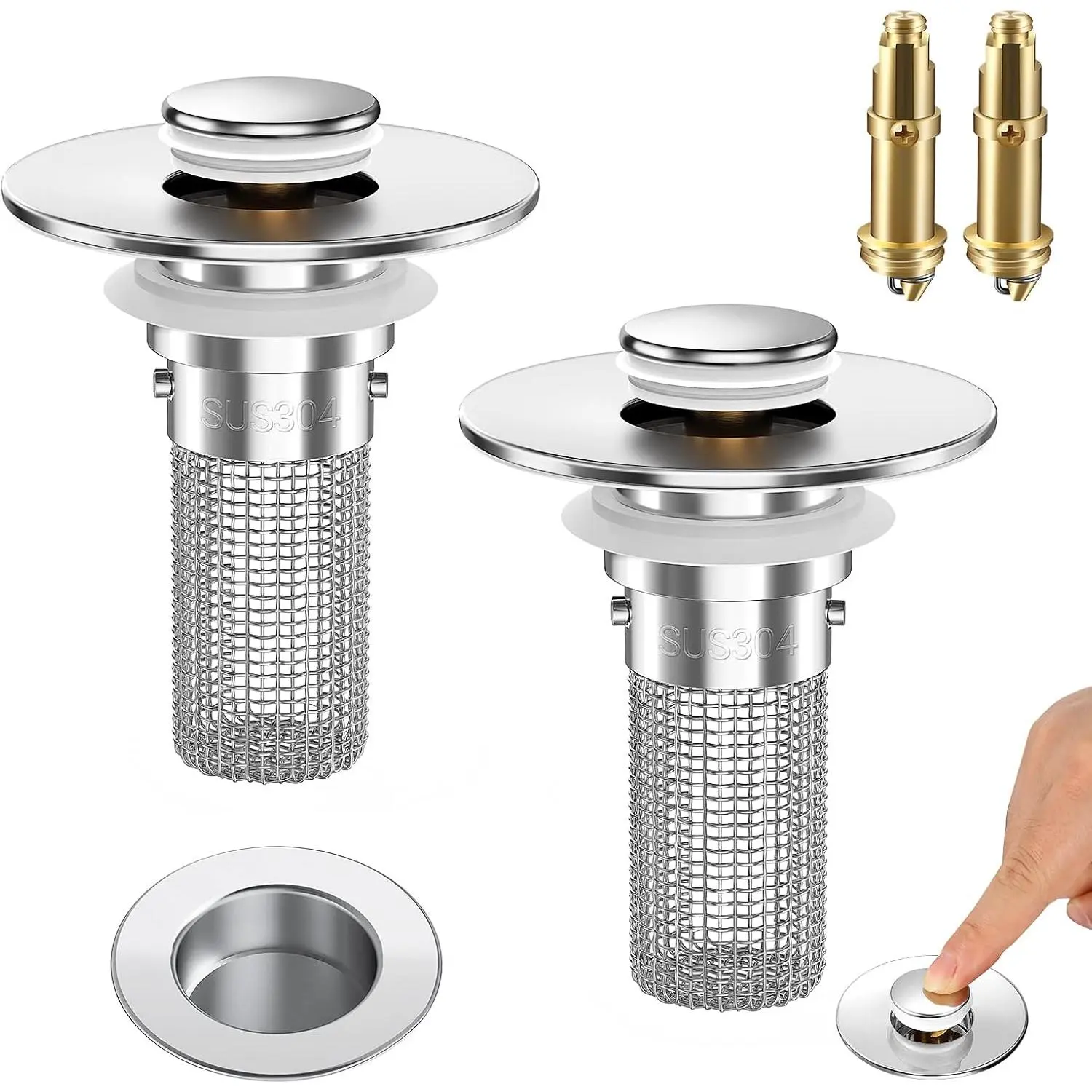 2PCS Pop-Up Bathroom Sink Stopper Strainer with Removable Stainless Steel Hair Catcher Basket, Easy Installation, Universal Fit Filter for US Bathroom Sinks, Bathtubs