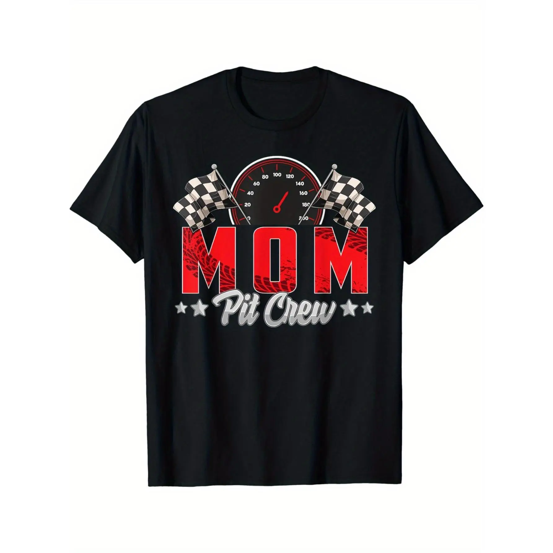 Mom Pit Crew Racing Checkered Flag Speedometer Crew Neck T-Shirt, Unisex Soft Cotton Black Short Sleeve Tee, Race Car Family Sports Casual Graphic Gift Tee For Racing Moms