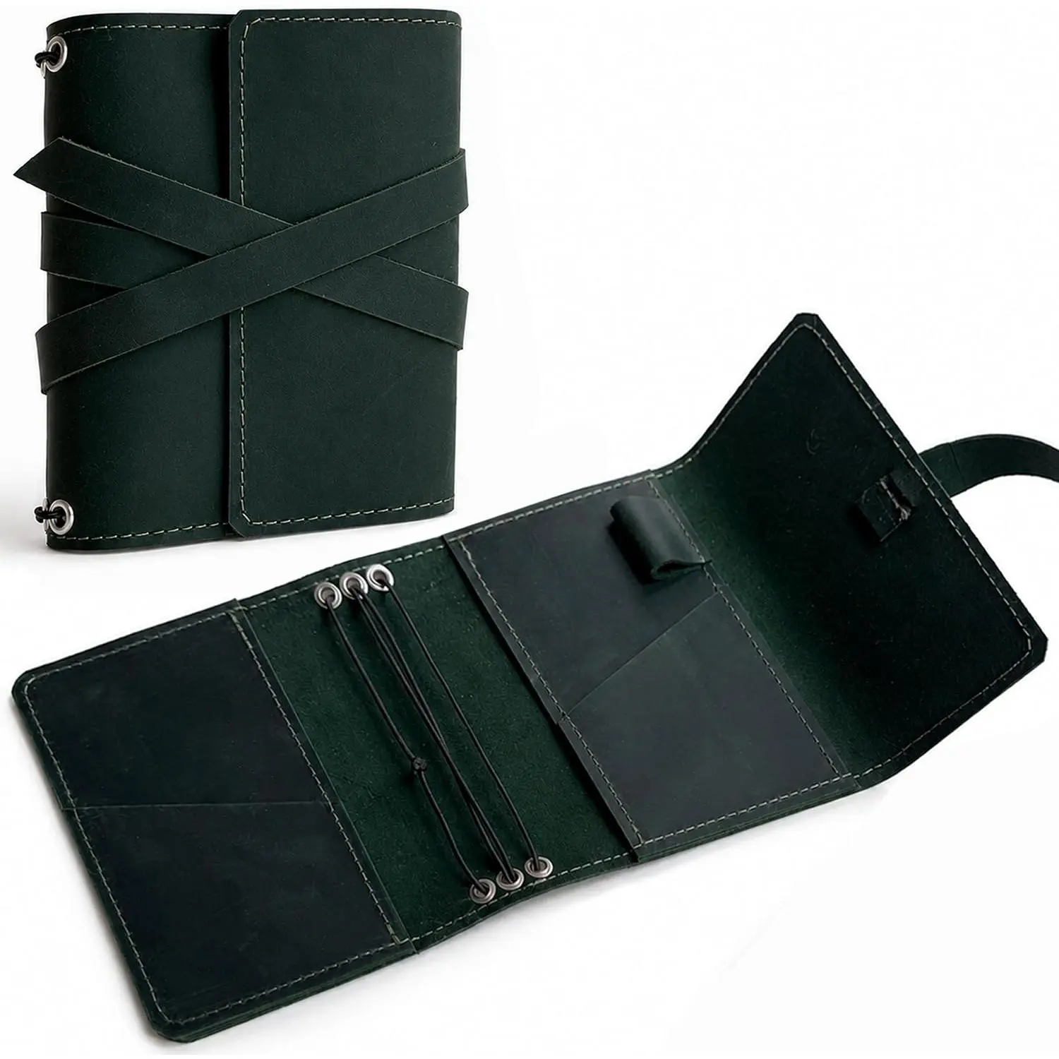 Leather Journal Cover – Refillable Pocket Size Notebook Cover (5.1" x 5.7") with 3 Elastic Bands,  Travel Diary Case with Pockets & Pen Holder Green (Inserts Not Included)