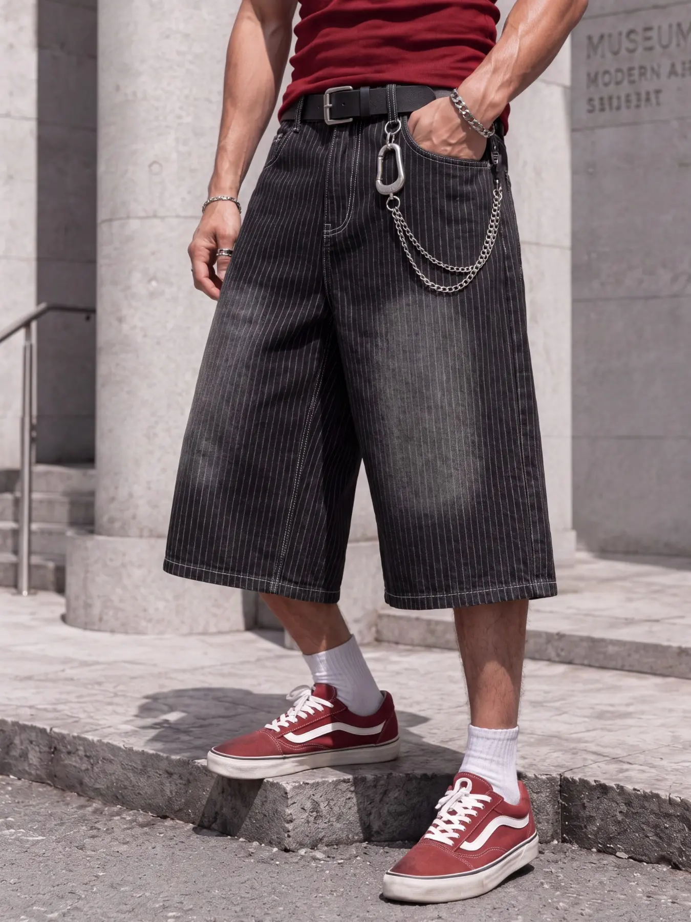 Men's black striped denim cropped shorts, loose fit, vertical stripe design, an American vintage streetwear essential