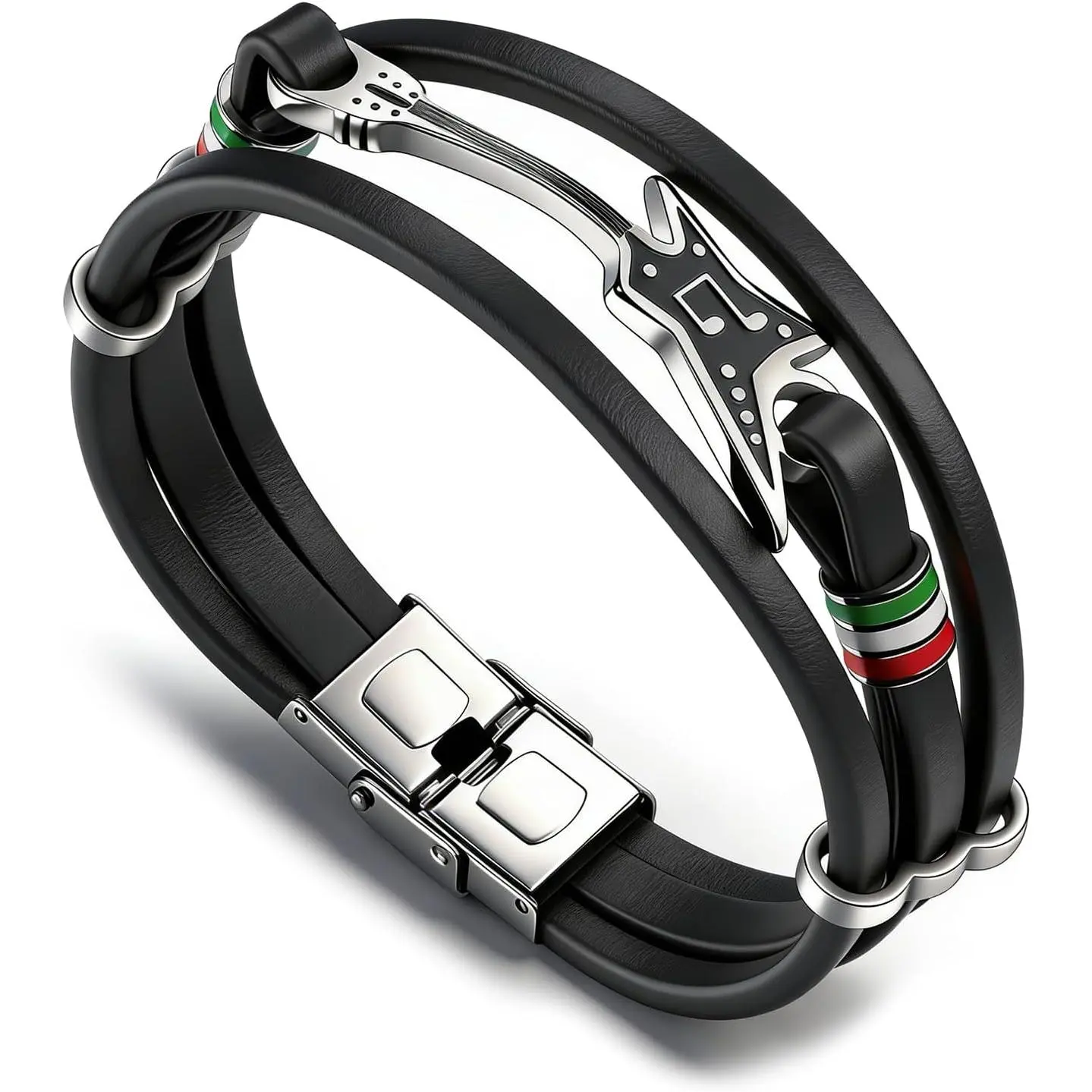Men’s Stainless Steel Biker Bracelet Multi Layer Leather Cuff Wristband Rock Guitar Design   for Musician Guitar Player