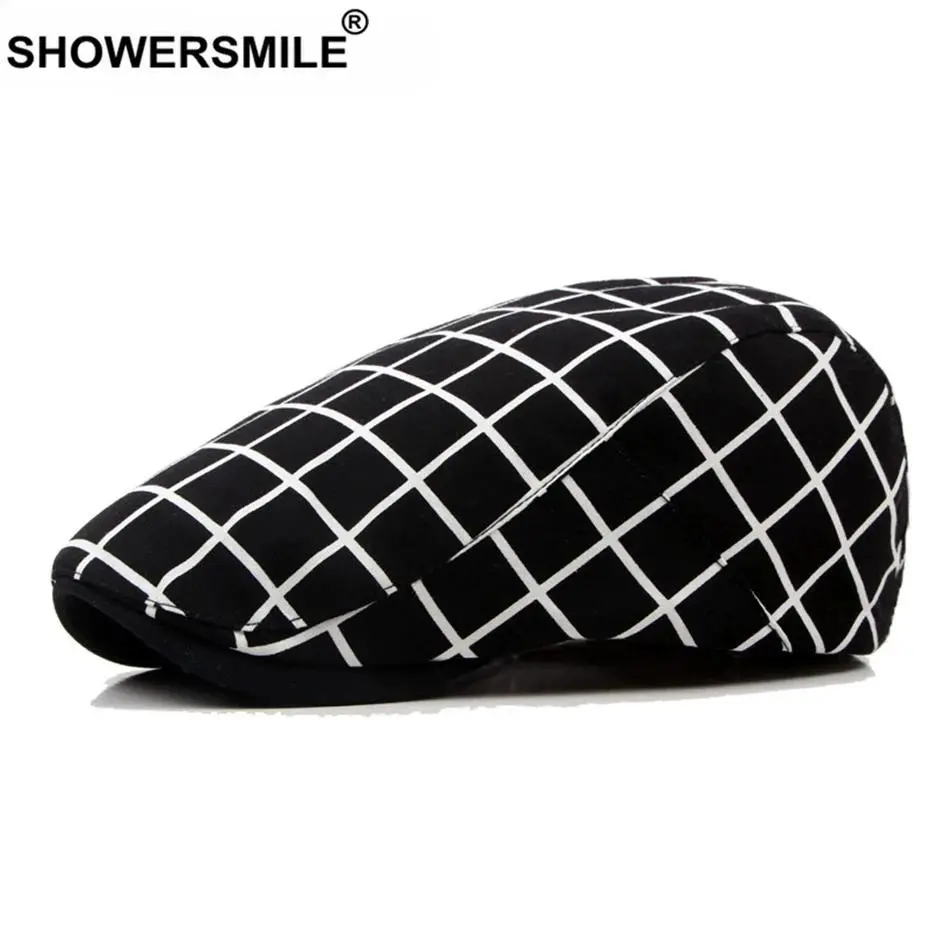 SHOWERSMILE Unisex Checkered Cotton Beret Hat - 1 Size Flat Cap, 55-59cm Adjustable British Style, Classic Fashion Casual Summer Beanie Accessory