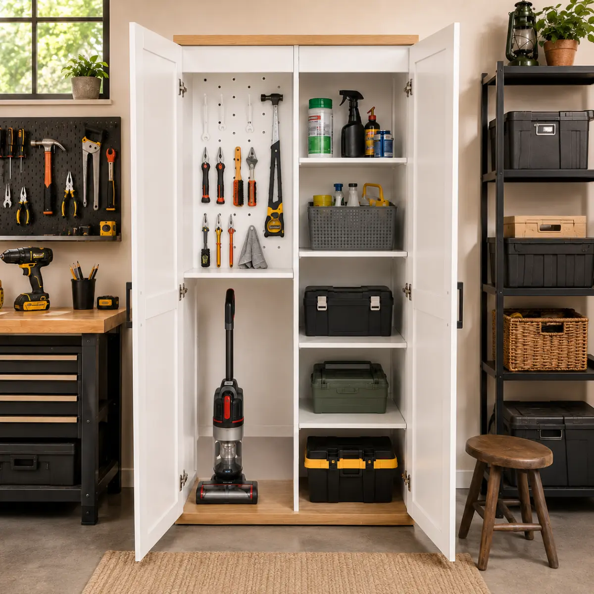 Aobtkel68.9" Tall Wooden Vacuum Storage Cabinet, Broom Closet Storage Cabinet with 2 Doors and Adjustable Shelves, Cleaning Tool Cabinet for Living Room, Laundry Room, Bathroom, Garage, Utility Room-White