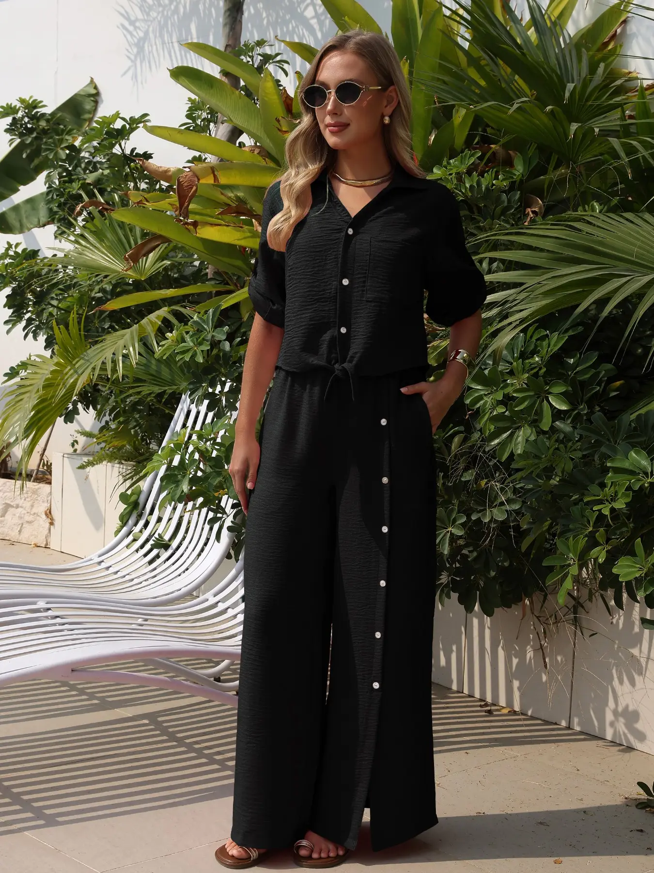 Women's Two-Piece Set Button-Up Short Top & High-Waisted Wide-Leg Pants, Summer Vacation Casual Linen Blend