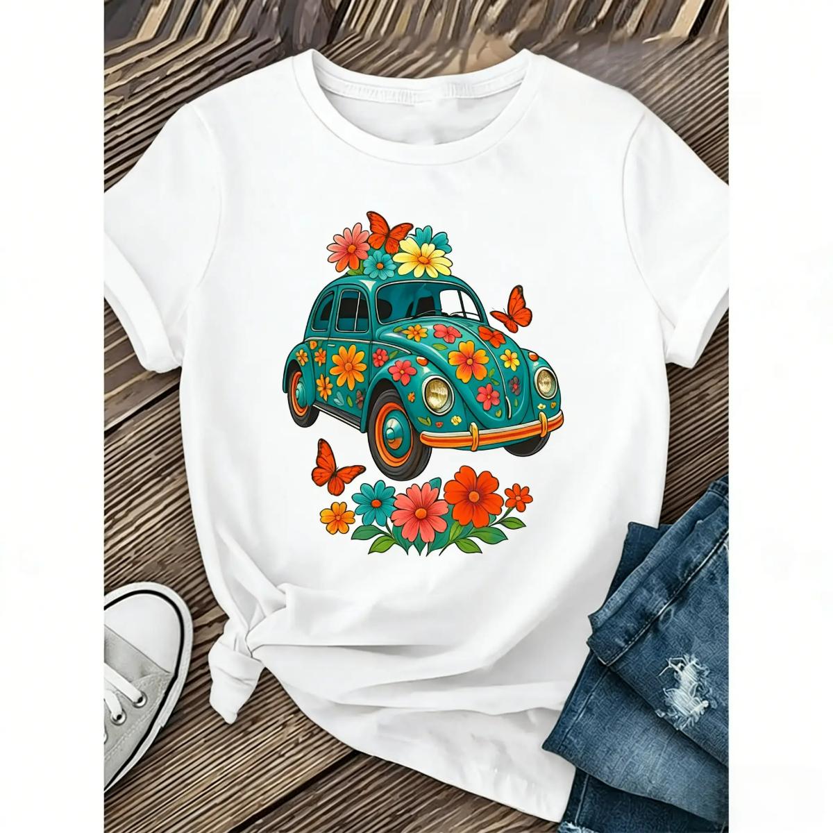 Crew Neck Cotton Polyester Vintage turquoise floral Car Graphic T-Shirt, y2k Fashion Casual Streetwear Humor Shirt for Men Women, Comfortable & Breathable Material, Everyday Outfit, Trendy Aesthetic Outfit 2026, Gifts, SuperYi