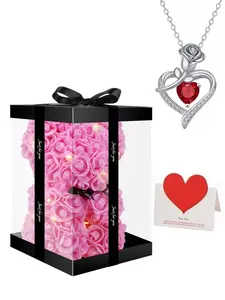 Elegant Rose Bear Gift Box, Handmade Artificial Rose Necklace Set, Valentine's Day, Mother's Day, Graduation, Birthday Gifts