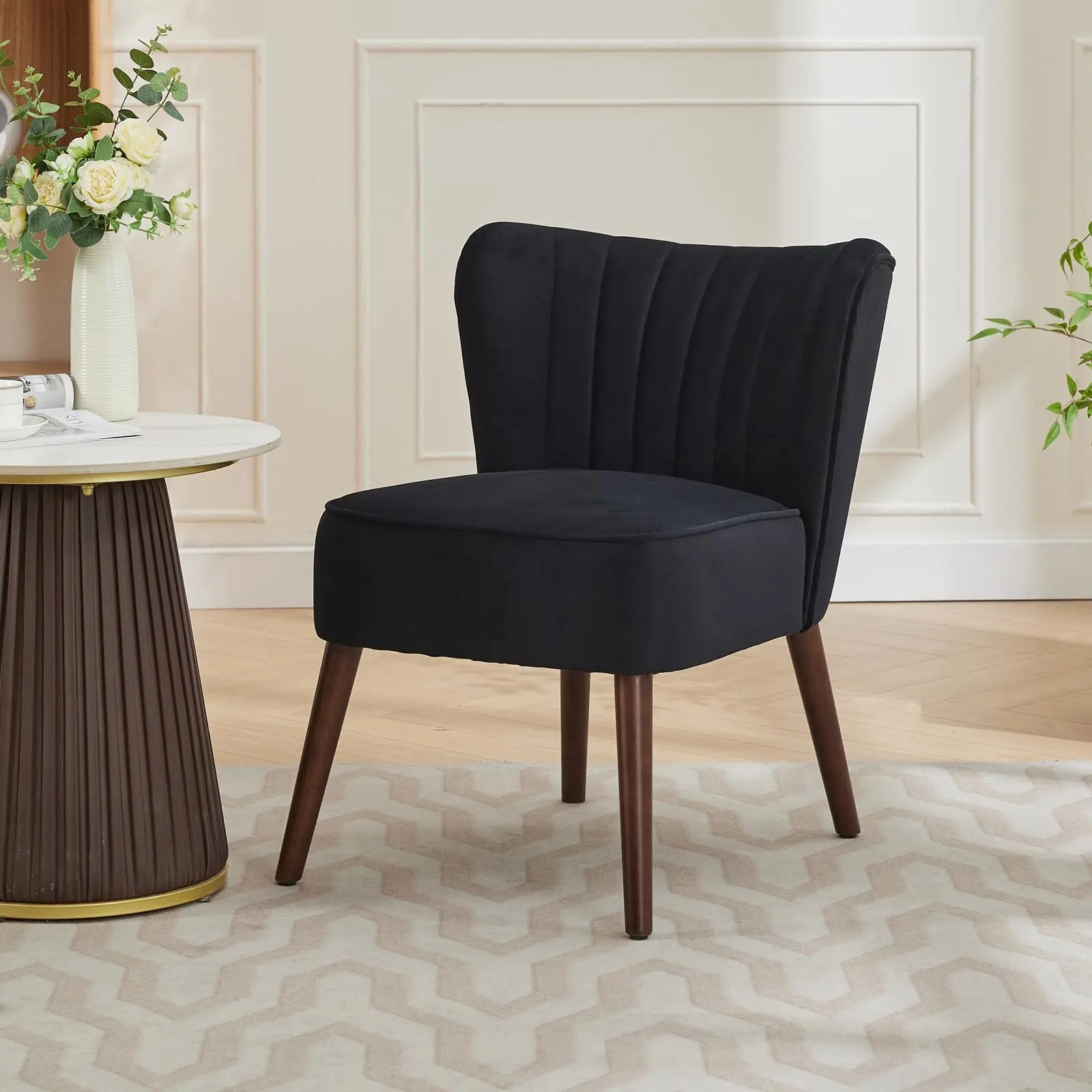 Mid-Century Velvet Armless Accent Chair, Plush Cushioned Lounge Seat with Sturdy Wood Legs and Adjustable Feet, Ergonomic Decorative Chair for Vanity and Indoor Spaces, Assembly Required