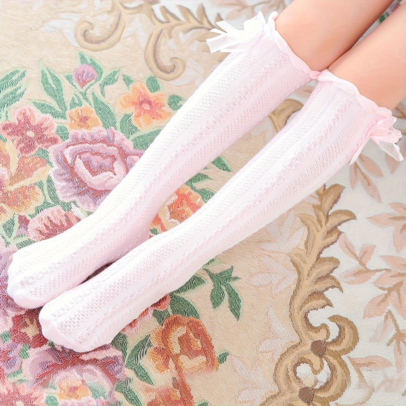 NewGirls' Blend Knee-Socks with Pink Bow Detail - All-Season Comfort, Hand Wash Only, 12 Years & Under