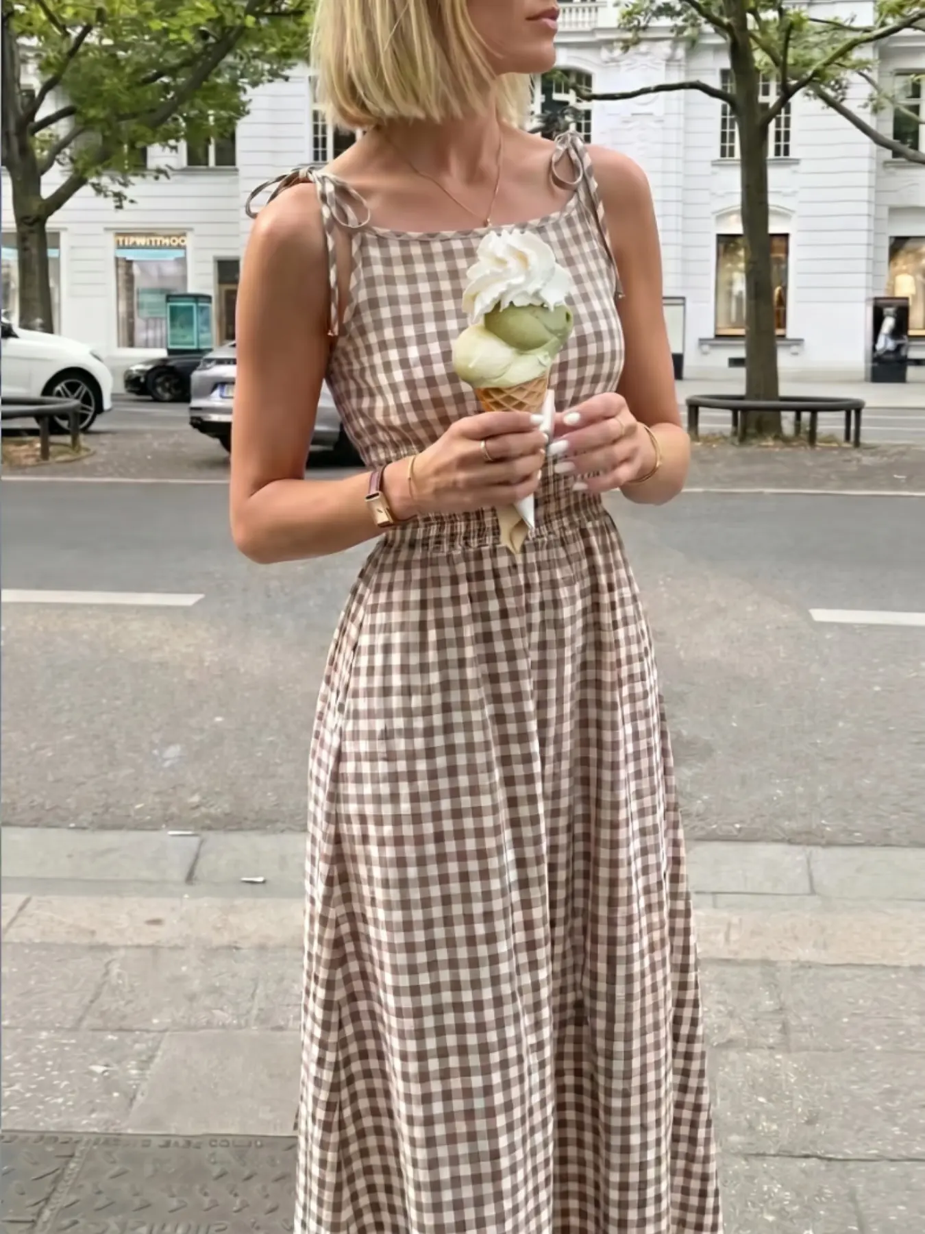 Plaid Adjustable Tie-Shoulder Elastic Sleeveless Long Dress, Summer Stylish Casual Wear, Perfect for Daily Wear, Comfortable and Trendy Design
