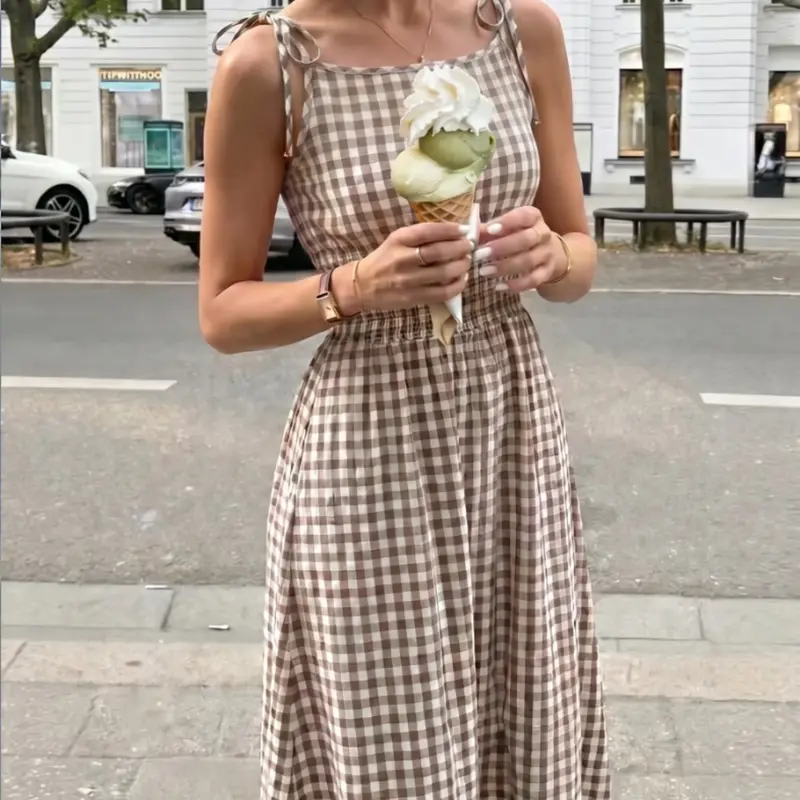 Plaid Adjustable Tie-Shoulder Elastic Sleeveless Long Dress, Summer Dresses, Summer Stylish Casual Wear, Perfect for Daily Wear, Comfortable and Trendy Design