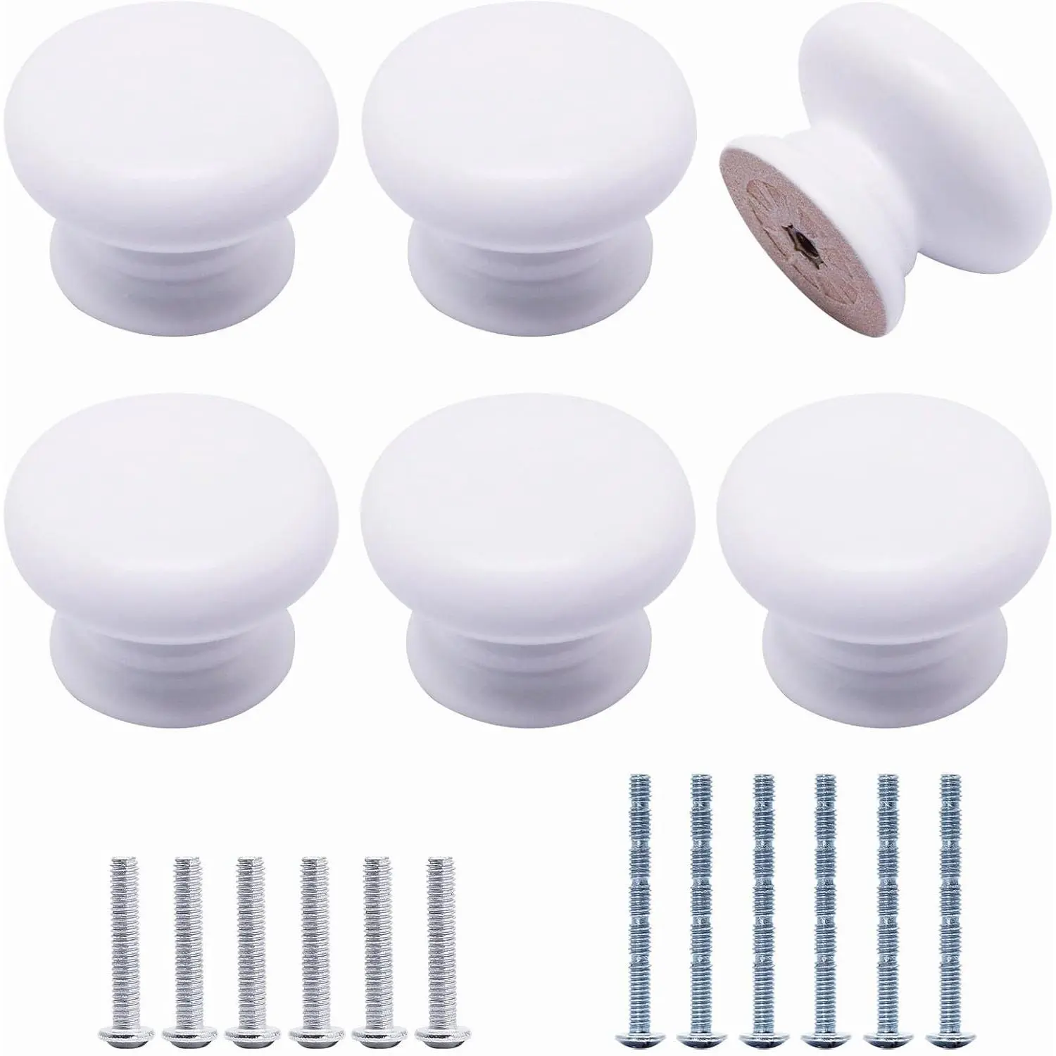 Wooden Cabinet Knobs 6 Pack, Round Modern Knobs for Furniture Cupboard Dresser Drawer Closet Door, White