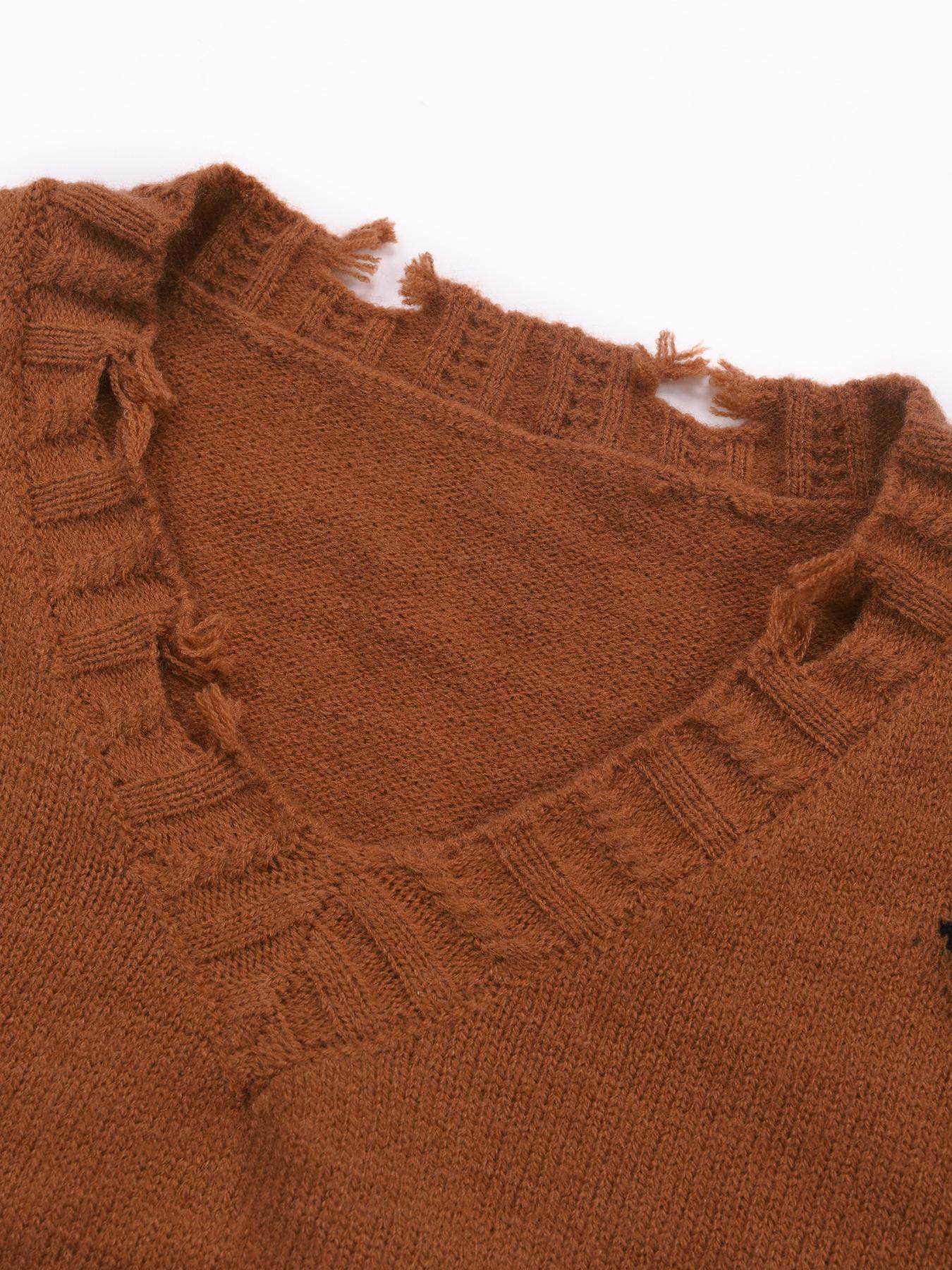 Women's Cross Print Ripped Drop Shoulder Crop Sweater, Street Fashion Chic Style Long Sleeve V Neck Jumper for Daily Outdoor Wear, Ladies Stretchy Knitwear for Spring & Fall Clothes, Casual Sweater for Women, Trending Clothing Women