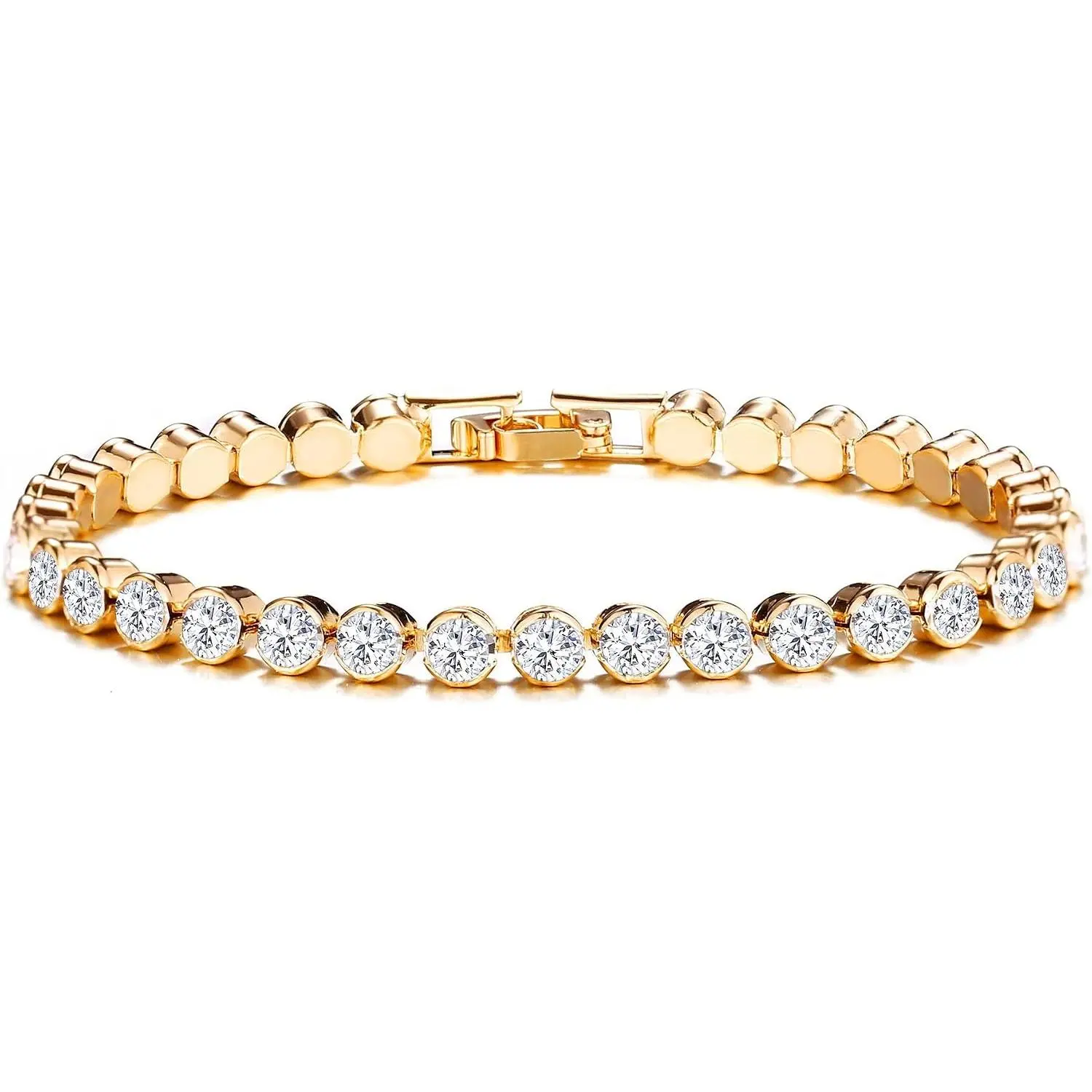 Women's Plated Tennis Bracelet with Full Round Links, Evenly Spaced Rounds, Safety T-Bar Clasp, Tennis Link Chain for Daily Wear, Party/Anniversary