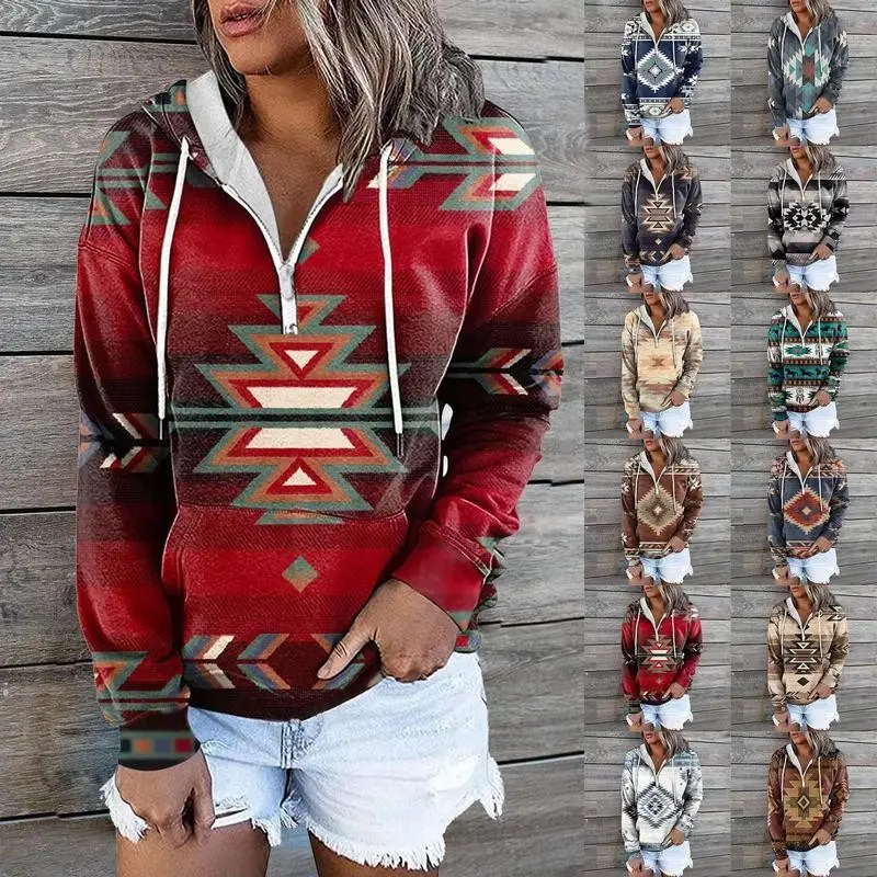 Ladies New Ethnic Tribal Hooded Sweater Jacket Tops Casual Graphic