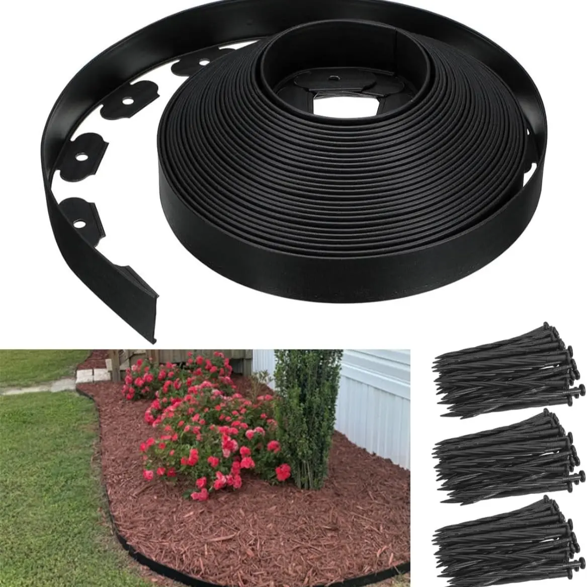 40ft Soil-Free Garden Edge Band Borders with 30 Prongs, 2 Inch Flexible Lawn Edging, UV Stable Hdpe Material, Easy Installation