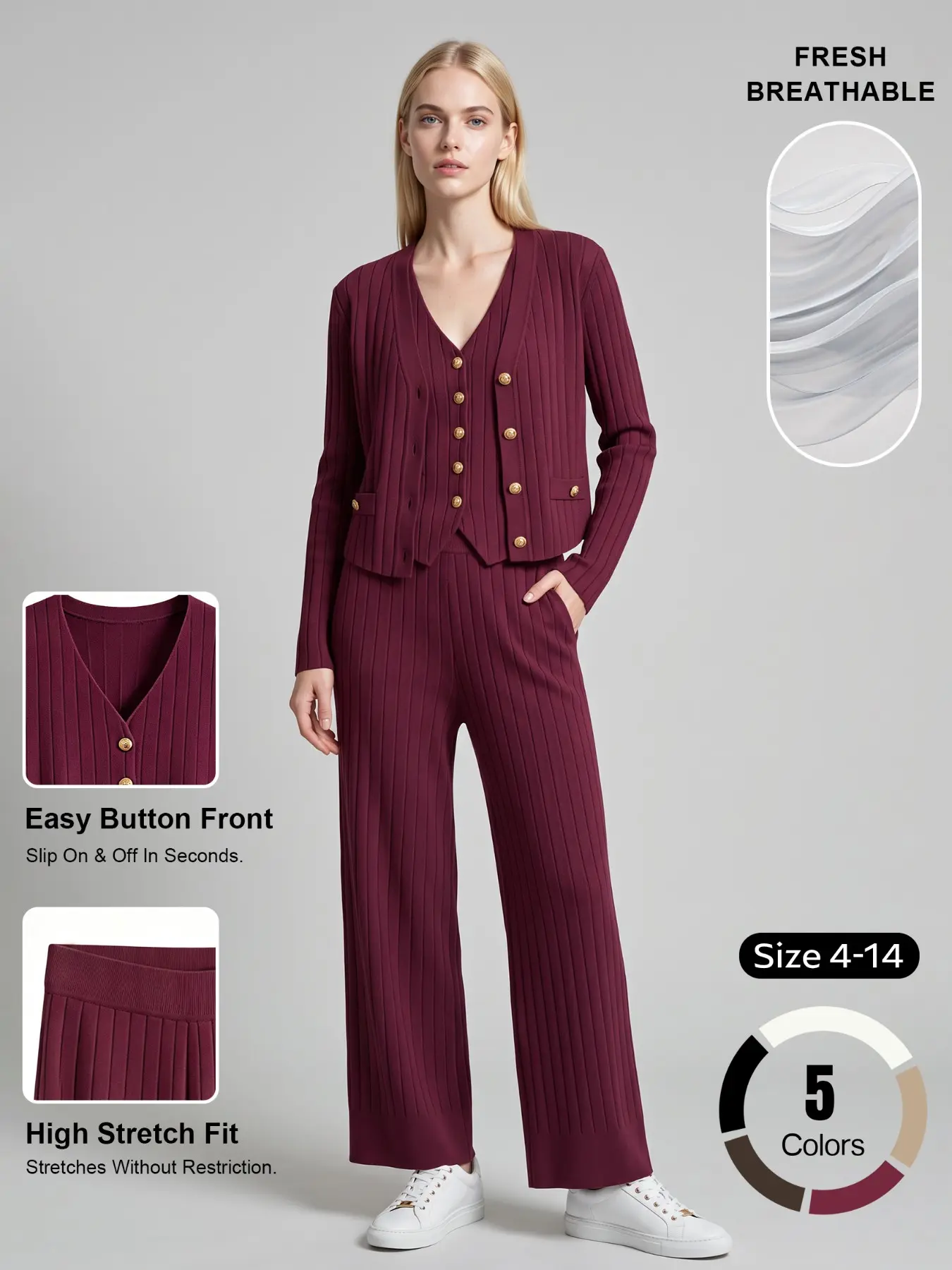 Women's Fall Winter Comfortable Soft Three-Piece Knit Set, Knitwear, V Neck Button Long Sleeve Cardigan & Sleeveless Vest, Elegant KnitikTokMadeMeBuyIt #CasualChic#MatchingSet