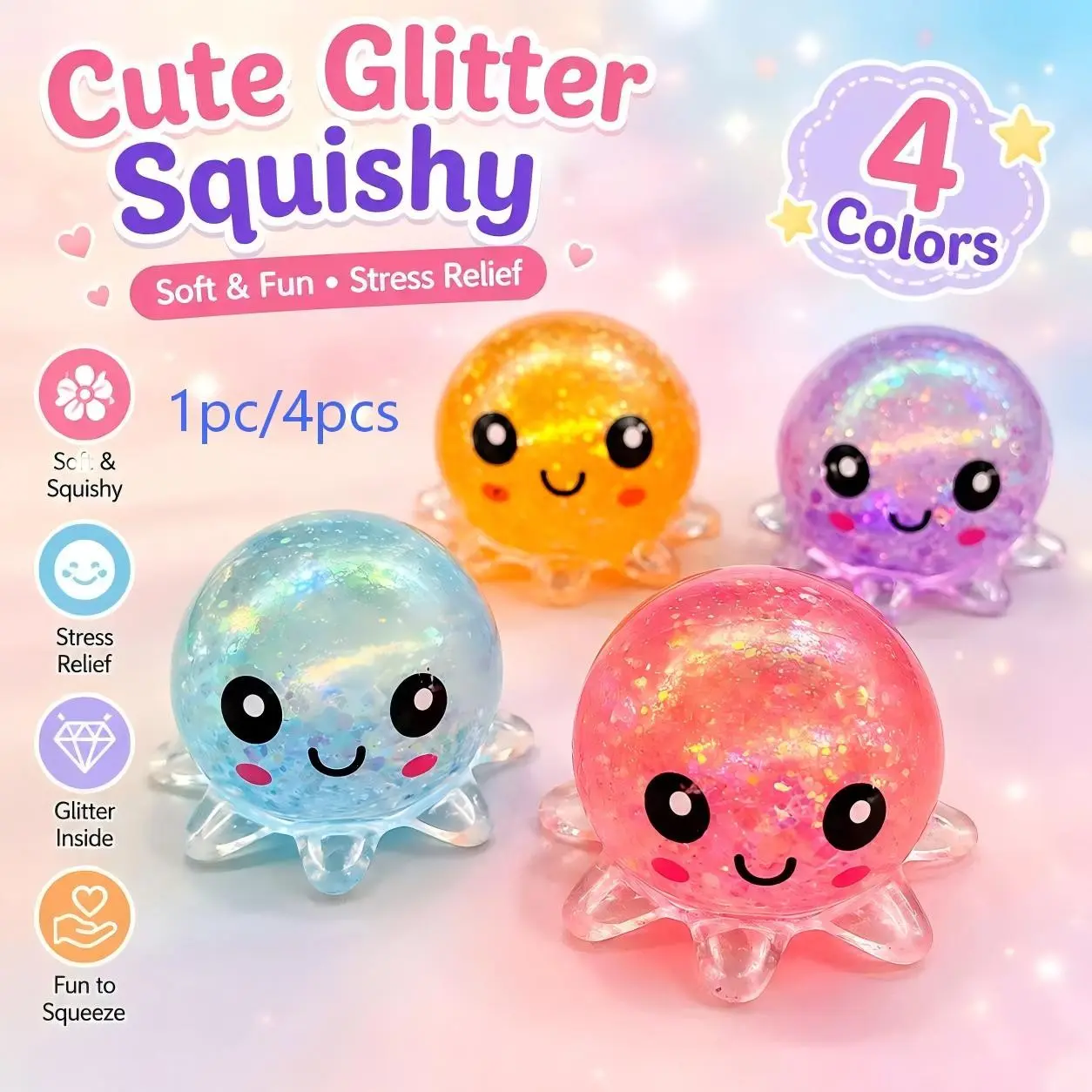 1/4 Piece Set Glitter Aurora Octopus Mallow Squishy Toy, Tpr Soft Flashing Stress Relief Toy, 4 Colors, Kids & Adults Sensory Relaxation Toy