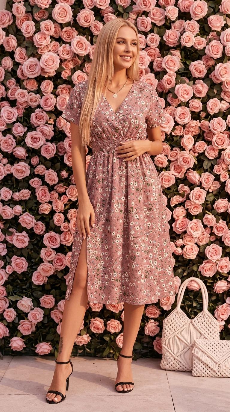 The Coralia Dress |       Midnight Mushroom Medley Summer Floral Print Short Sleeve Dress